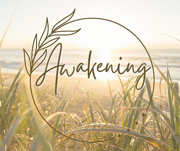 Waterfront background at sunrise with the word Awakening in front of it. 